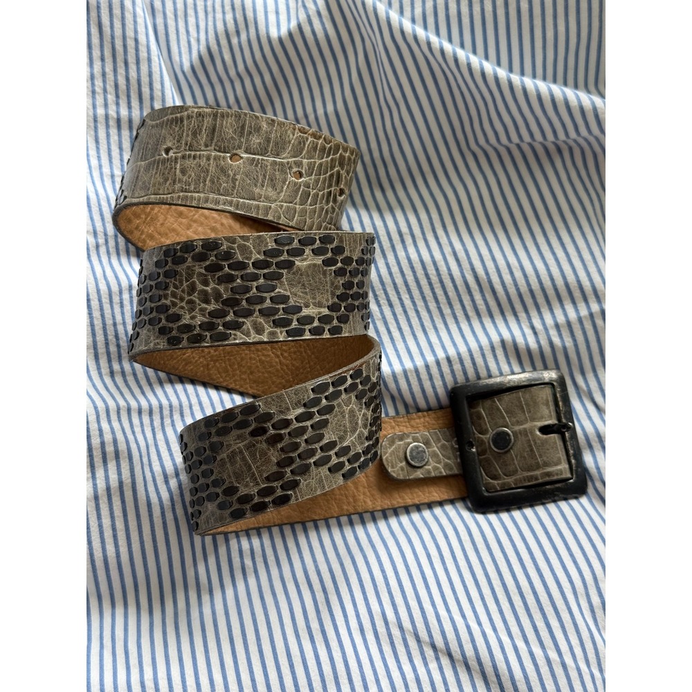 Calleen Cordero Studded Leather Belt 32 Grey Green Boho Western Cowgirl Brass